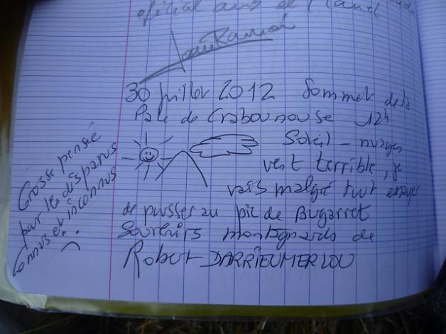 Inscription sur le cahier du sommet du pic ou Pale de Crabounouse