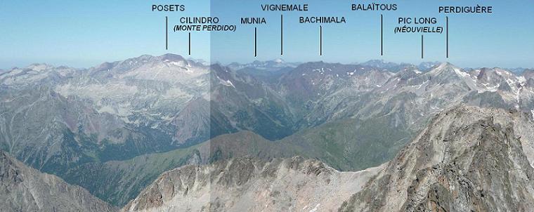 Du sommet du pico de la Maladeta 3308 m, vue sur huit massifs de plus de 3000 m, des Posets au Perdiguère